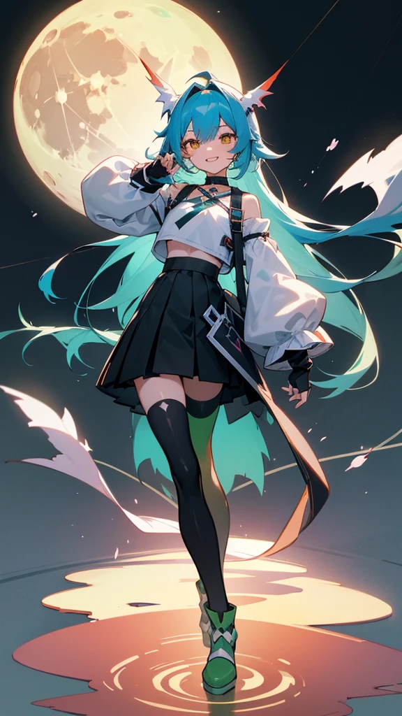masterpiece, perfect_quality, perfect_anatomy, best_quality, good_anatomy (tooth, mischievous smile: 1,2), 1 girl, transformation, 1 girl, transform_broken, shiny, (panorame, sakura, night, full moon,), transform_broken, 1 girl, transformation, 1 girl, transform_broken,shining,transform_broken, long hair, blue hair, orange eyes, black skirt, black thigh-high stockings, white and green sweater, white and green loose sleeves, white crop top under sweater, fingerless gloves black, black and green shoes, black choker, light concept, full body,