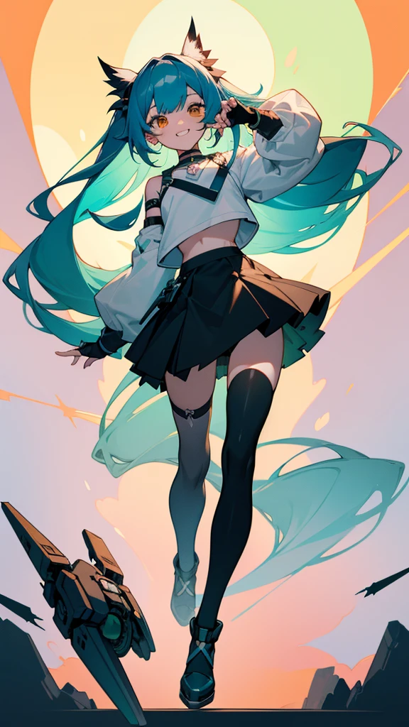 masterpiece, perfect_quality, perfect_anatomy, best_quality, good_anatomy (tooth, mischievous smile: 1,2), 1 girl, transformation, 1 girl, transform_broken, shiny, (panorame, sakura, night, full moon,), transform_broken, 1 girl, transformation, 1 girl, transform_broken,shining,transform_broken, long hair, blue hair, orange eyes, black skirt, black thigh-high stockings, white and green sweater, white and green loose sleeves, white crop top under sweater, fingerless gloves black, black and green shoes, black choker, light concept, full body,