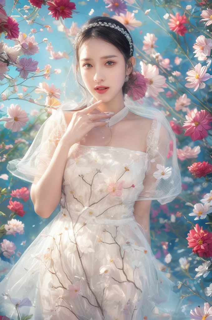 (fashion magazine blockbuster:1.2),(attractive woman:1.3),(beautiful and delicate eyes:1.2),(fashion clothing design:1.2),(tulle texture:1.1),turquoise flowers,surrounded by flowers,crystal clear dew,fresh and elegant,(flowers blooming wildly:1.2),delicate buds,turquoise atmosphere,(masterpiece:1,2),best quality,masterpiece,highres,original,extremely detailed wallpaper,perfect lighting,(extremely detailed CG:1.2)flowers,turquoise flowers,full_body, huge_chest, whole body