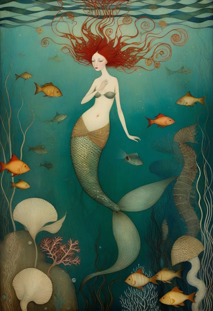 Art style by Klimt, Sam Toft, Florine Stettheimer, Dina Wakley, Catrin Welz-Stein, Gabriel Pacheco, Elisabeth Fredriks.  A mermaid swims together with a girl  at the bottom of the sea, among fish and seahorses