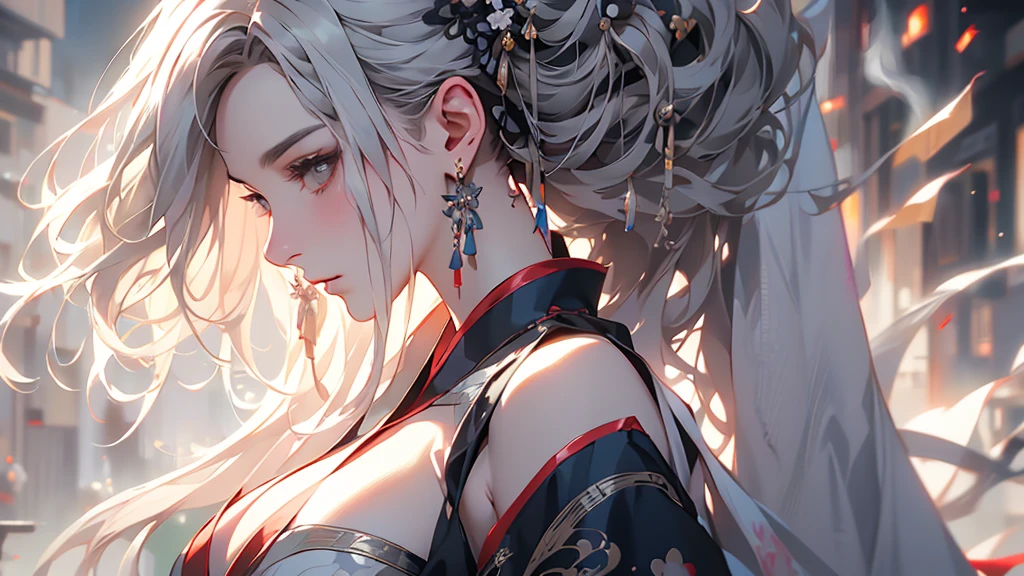 super high quality, masterpiece, Perfect illustration, Very detailed (Exquisite light and shadow, Very dramatic photo,Backlight) , ((Gray Hair:1.5))1 Girl,(( alone:1.6)), (Wearing Han clothes, Black and white Hanfu,Monotony,Long sleeve) (White smoke:1.3) (Realistic:1.4), Official Art, unity 8k wallpaper, Very detailed, Beautiful and beautiful, masterpiece, Highest quality, (Dynamic Angle: 1.4), Glowing Skin, (Floating colorful flashes: 1) The most beautiful chaotic shapes, elegant, Brutalist Design, Bright colors, Romantic Depth of Field Exotic_dance, half_naked、Expose your shoulders、Ample breasts、Great cleavage、Lean forward