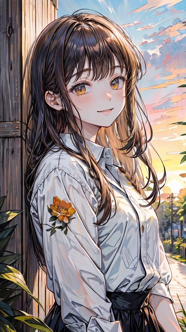 watercolor, flower, Long Hair, smile, shirt, uniform , bangs, Upper Body, plant, setting sun , leaf, Mouth closed, Traditional Media, Brown Hair,Sunset sky,Sunset