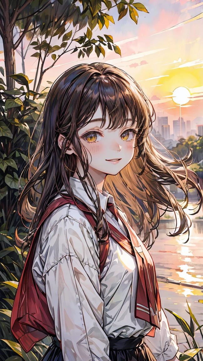watercolor,  flower, Long Hair, smile, shirt, uniform , bangs, Upper Body, plant, setting sun , leaf, Mouth closed, Traditional Media, Brown Hair，Sunset sky，Sunset