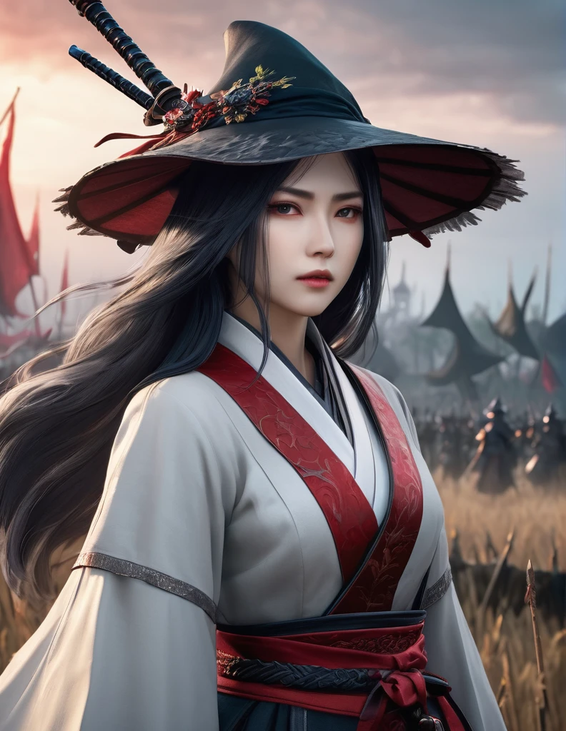 quality(8k wallpaper of extremely detailed CG unit, masterpiece, hight resolution, top-quality, top-quality real texture skin,hyper realisitic, digitial painting,increase the resolution,RAW photos,best qualtiy,highly detailed,the wallpaper),BREAK,8K, Girl, Dvd 80 bloodborne darkfantasy, onmyoji-style art, standing in middle of war field