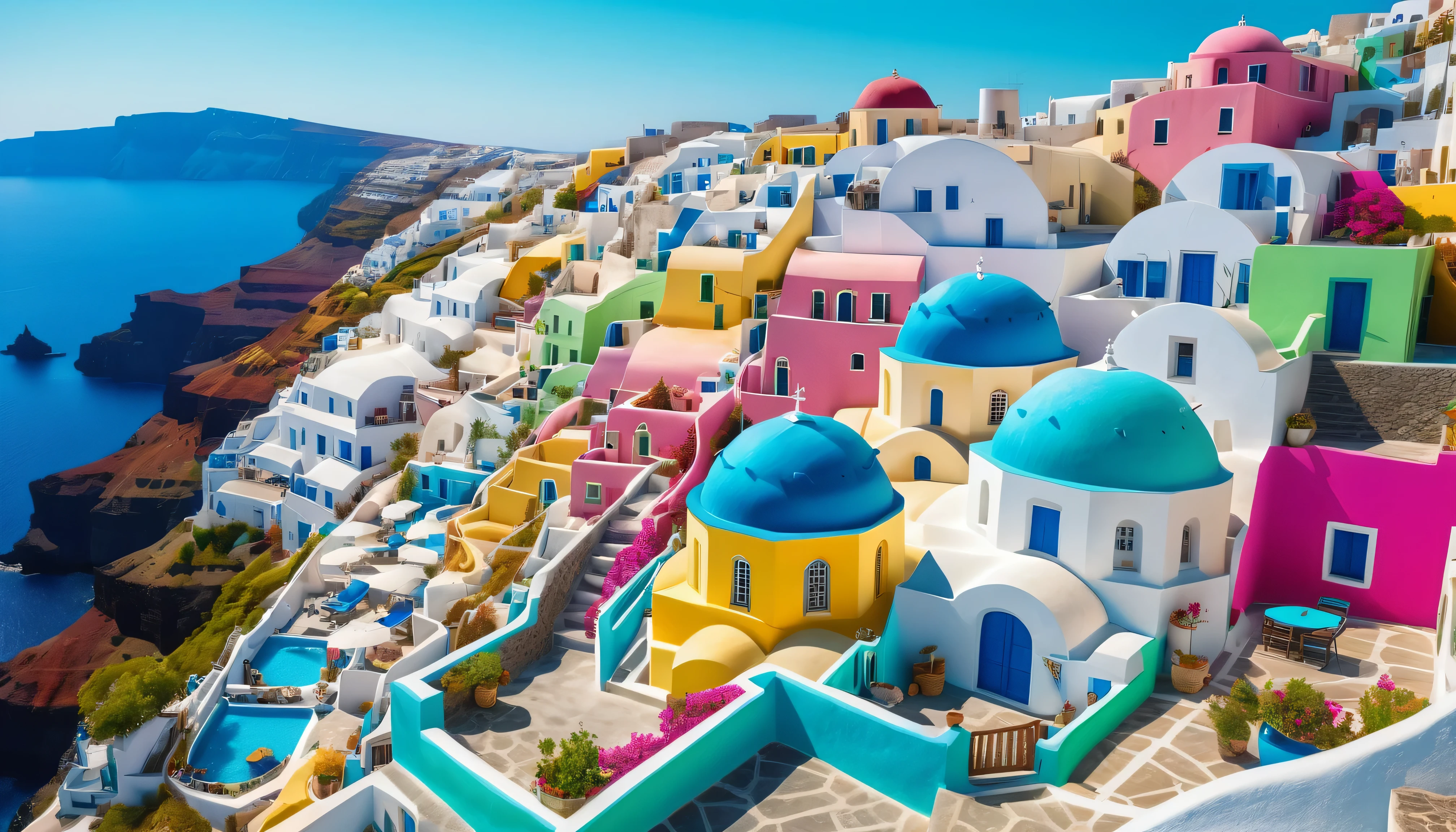 aerial front view Santorini Greece, multi color house blue cyan pink green yellow red, daylight, Mediterranean landscape, Greek fantasy panorama, Greek architecture, Greek fantasy, incredibly beautiful, Greek style, Mediterranean city, breathtaking image, masterpiece artwork, 8k, 16k, best quality, high detail, high quality, super detail, high resolution  hyper realistic, 8K, photorealistic, extreme detail, ( best quality, 4k, 8k, high resolution, masterpiece: 1.5), ultra detailed, (realistic, photorealistic, photo-realistic: 1.5)