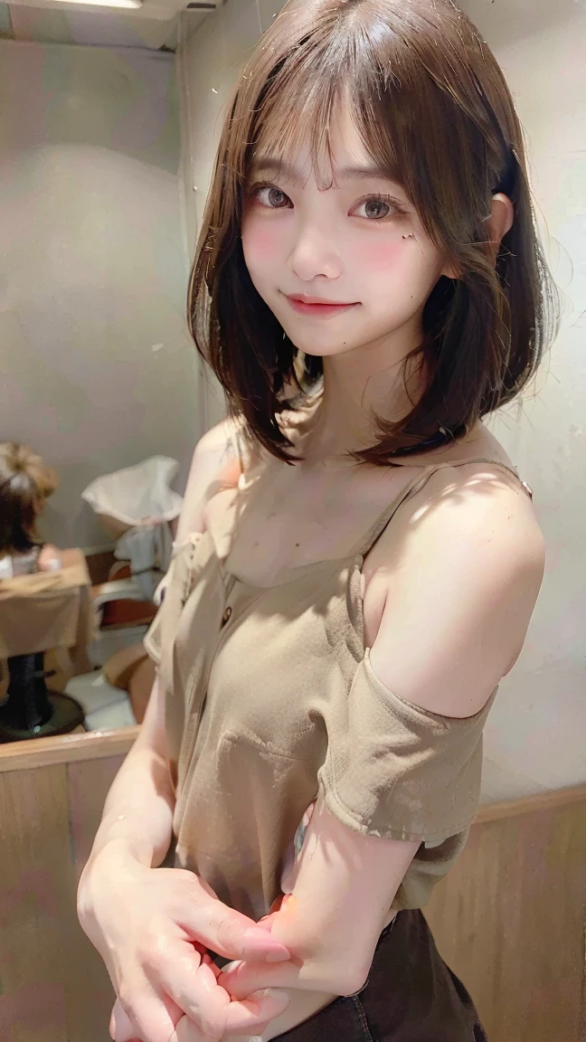 (((Straight shoulder-length brown mini bob hair)))、(((目が細くLight eye makeup)))、(((Standing alone on the rider'Jacket and jeans against the back alleys of Kabukicho at night.)))、(((Please wear clothes that cover your arms..)))、Half Japanese and half Korean、18-year-old girl、independent、Look forward、Light eye makeup、Brown Hair Color、flat 、Hair blowing in the wind、Quality of actress、Shiny, Ultra-realistic faces、smileの表情、Watery eyes、look up、Soothing lighting effects、 Ultra-Realistic Capture、Very detailed、High resolution 16k human skin closeup。Skin texture must be natural、Must be so detailed that pores are visible、skin is healthy、Must be of uniform tone、Use natural light and color、High quality photos taken by modeling agencies'Exclusive photographer、smile