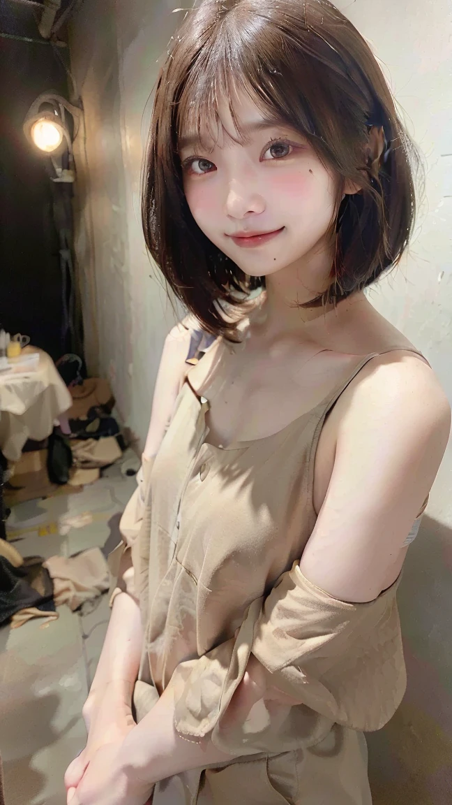 (((Straight shoulder-length brown mini bob hair)))、(((目が細くLight eye makeup)))、(((Standing alone on the rider&#39;Jacket and jeans against the back alleys of Kabukicho at night.)))、(((Please wear clothes that cover your arms..)))、Half Japanese and half Korean、18-year-old girl、independent、Look forward、Light eye makeup、Brown Hair Color、flat 、Hair blowing in the wind、Quality of actress、Shiny, Ultra-realistic faces、smileの表情、Watery eyes、look up、Soothing lighting effects、 Ultra-Realistic Capture、Very detailed、High resolution 16k human skin closeup。Skin texture must be natural、Must be so detailed that pores are visible、skin is healthy、Must be of uniform tone、Use natural light and color、High quality photos taken by modeling agencies&#39;Exclusive photographer、smile
