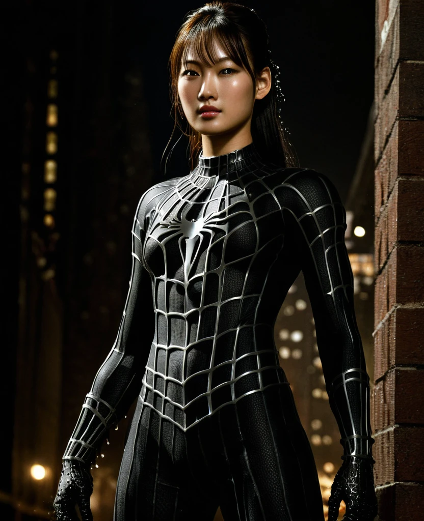 score_9, score_8_up, score_7_up, best quality, realistic, masterpiece, beautiful detail, hyperrealistic, night, ((1girl, woman body, big breasts)), amazing detailed full body portrait of a sexy korean girl, wearing a realistic and highly detailed black raimi spider-man suit, ((huge muscular girl)), professional model wears ultra - detailed black raimi spider - man suit, ultra - detailed and grained black raimi spiderman suit, suit covered entire body and hand, black spiderman gloves, wet, (action pose), (full body), (dirty skin), octane render, highly detailed, volumetric, dramatic lighting, (highest quality:1.1), (HDR:1.3), (top quality, best quality), realistic, high definition,