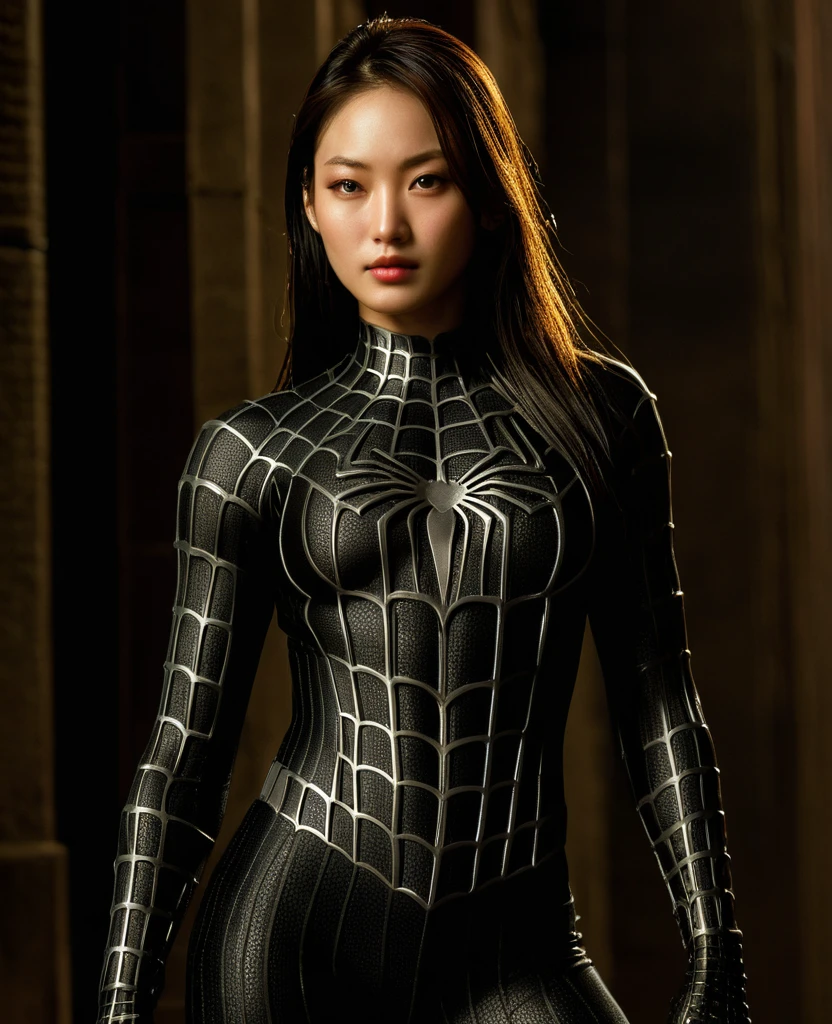 score_9, score_8_up, score_7_up, best quality, realistic, masterpiece, beautiful detail, hyperrealistic, night, ((1girl, woman body, big breasts)), amazing detailed full body portrait of a sexy korean girl, wearing a realistic and highly detailed black raimi spider-man suit, ((huge muscular girl)), professional model wears ultra - detailed black raimi spider - man suit, ultra - detailed and grained black raimi spiderman suit, suit covered entire body and hand, black spiderman gloves, wet, (action pose), (full body), (dirty skin), octane render, highly detailed, volumetric, dramatic lighting, (highest quality:1.1), (HDR:1.3), (top quality, best quality), realistic, high definition,