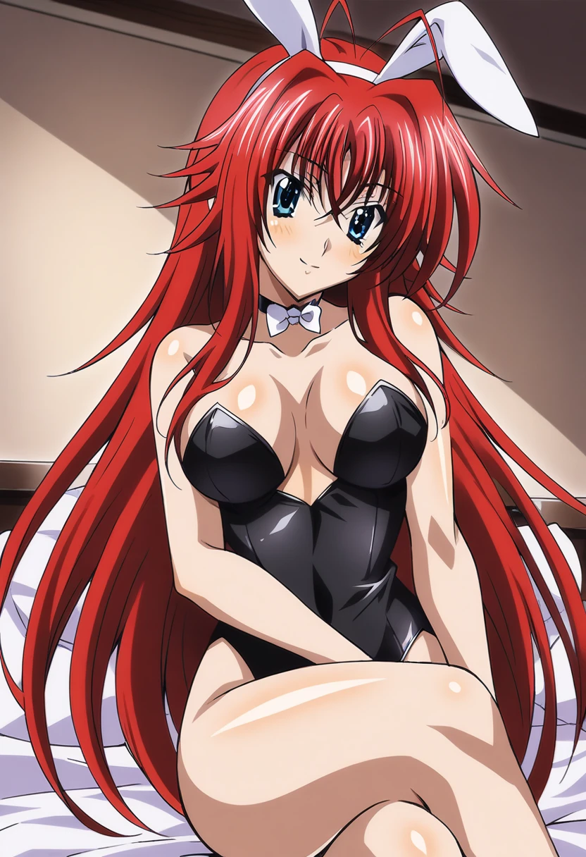 anime art style, 2d, masterpiece, best quality, very aesthetic, absurdres, dynamic shadows, atmosferic, (1girl), rias_gremory,, high_school_dxd, solo, red hair, antenna hair, long hair, blue eyes, detailed eyes, hair between eyes, bangs, medium breasts, curvy body, makeup, black leotard, bunny ears, fake ears, white bow on neck, choker, eyes up, sexy smile, (cowboy shot), (looking at viewer), sitting, crossed legs, bedroom, on bed, indoors