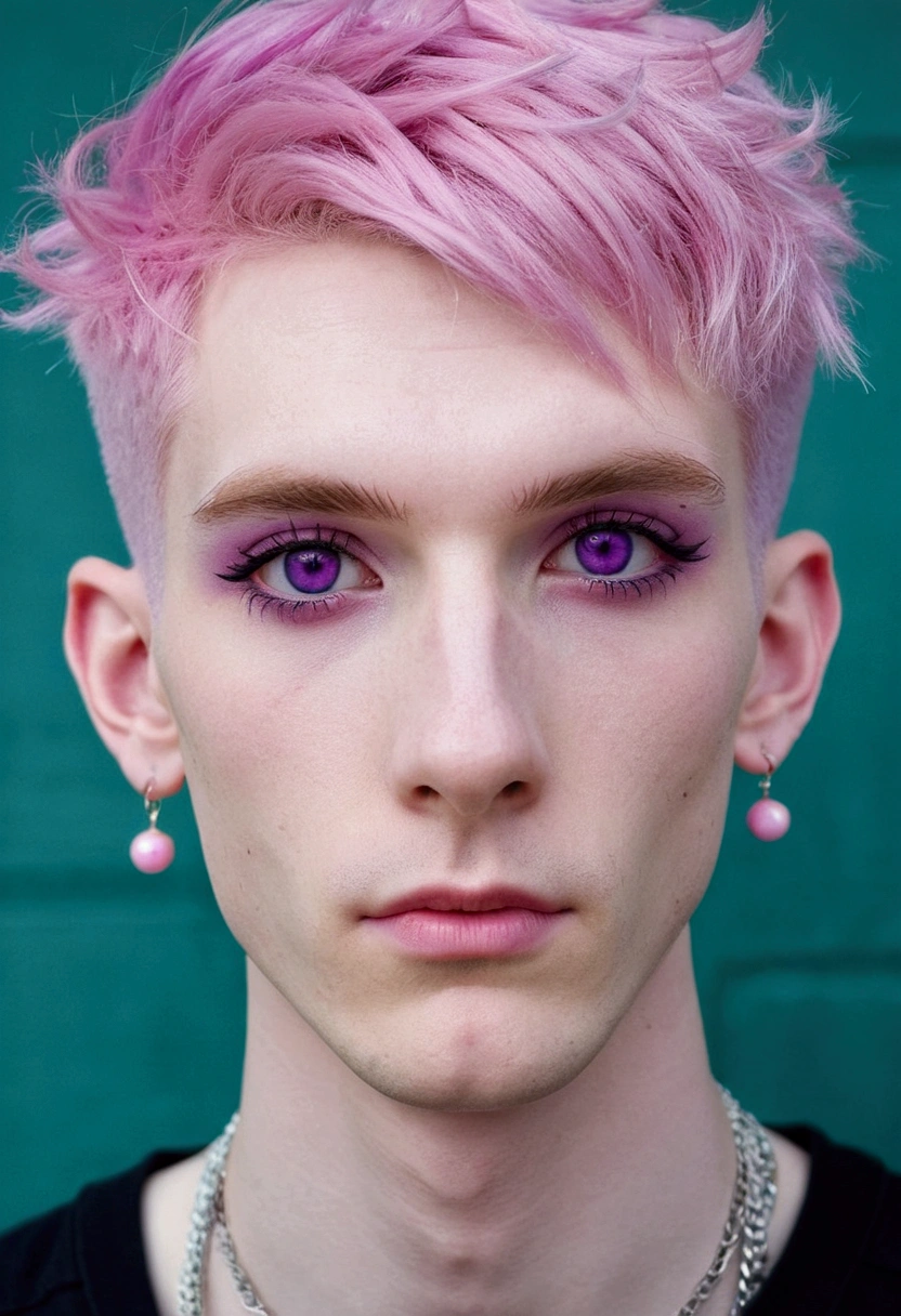 short pink hair, skinny man, pastel goth, earrings, pale skin, purple eyes