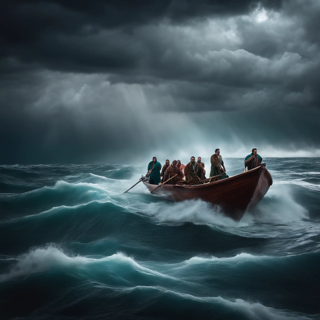 Boat with 7 men in tunics, scared, in the middle of the sea with a strong storm