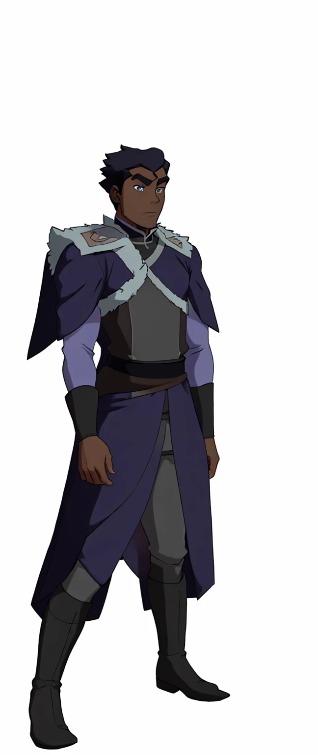 African-American, Bolin, water tribe traditional clothing mixed of blue and purple, with fur in shoulders and neck. Long sleeve, skinny, water tribe outfit. A dark blue or black high-collared sleeveless robe or tunic
A purple tabard or overtunic with lighter purple trim
A white fur-trimmed cape or cloak over the shoulders, fastened with a metal clasp
Black pants or leggings
Black boots that come up to just below the knee
A dark wristband or bracelet on one wrist

The character has dark skin, short black hair, and a serious expression. The outfit appears to be a mix of formal and practical styles, possibly indicating a character of some authority or importance in an animated series or film. The color scheme is primarily dark blues, purples, and black, with the white fur trim providing contrast.
