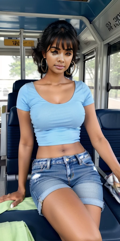 1 beautiful Indian woman, large body, made up face, blonde, bangs, hair tied in 2 tails, large hoop earrings, light blue top with neckline, neckline, small jean shorts, big nails, made up eyelids, white boots, asleep lying on the bus , eyes closed, mouth open.full body visible in photo.