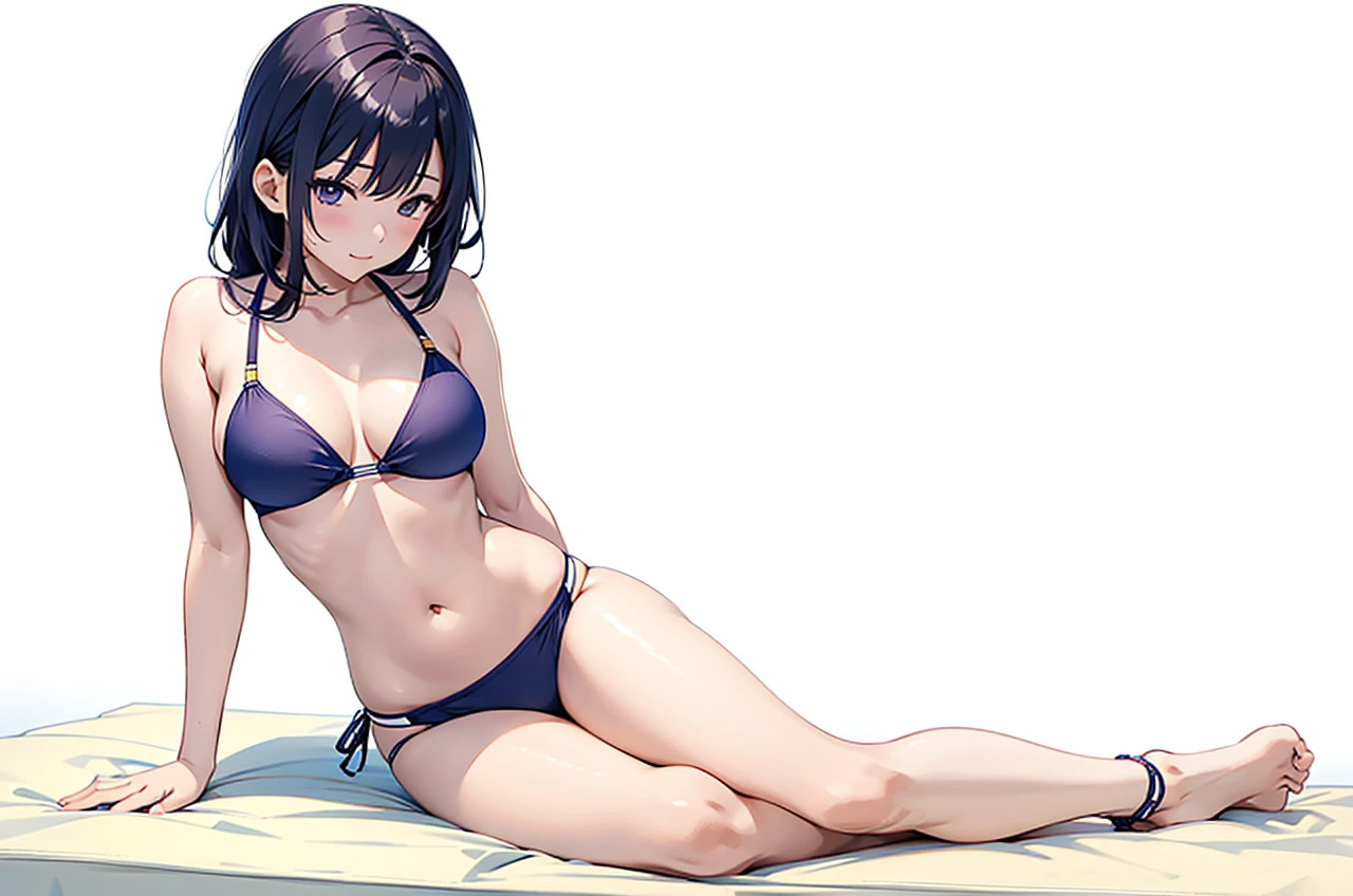 Yoshiko Tsushima
in a bikini laying down on her side with her arm for support poseing
