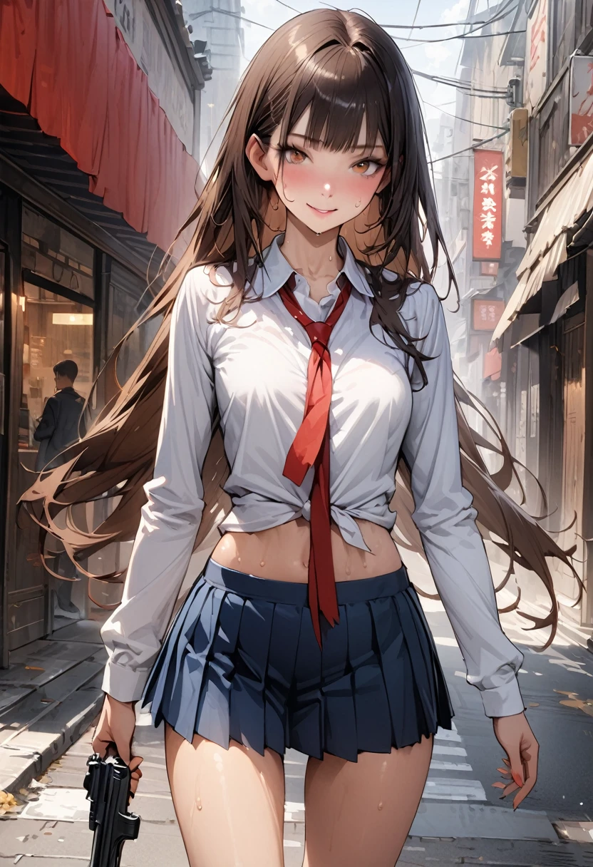(A detailed depiction of a woman holding a handgun)、((masterpiece,Highest quality:1.3,best quality illustration,realistic:1.3)),cowboy shot,独奏,1woman,(18-year-old、Japanese Beauty),dark brown hair,long hair,bangs,brown eyes,gorgeous eyes,(very small head:1.3),smile,(very long body:1.2,skinny),medium breasts,(Red ribbon tie、White long sleeve collared shirt、Navy blue pleated mini skirt),gleaming skin,toned body,slender body,sweat,standing,on street,neon、