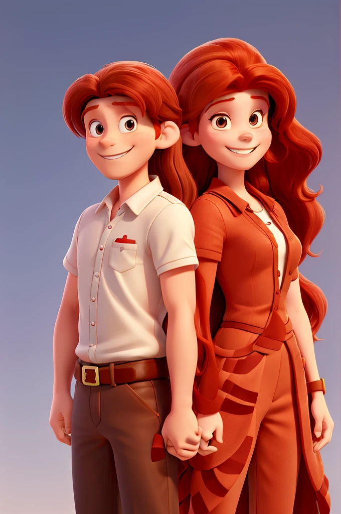 (Draw two people in Disney cartoon style, a man with long red hair, 25 years old,) (and a woman with short reddish tomboy style hair, the two smiling at each other posing for a photo)