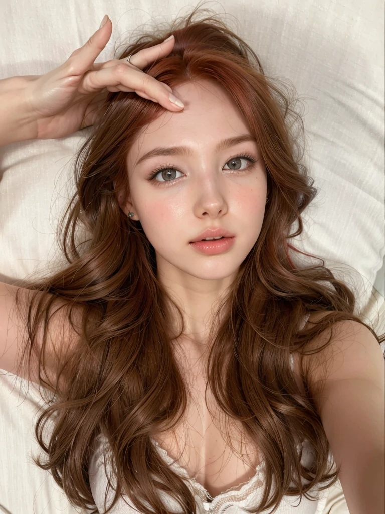 Best Quality, master part, ultra high resolution, (photorealistic:1.4), raw photo, 1 girl, laying in the bed, looking at the viewer, long red hair, pale skin, Half body, neckline