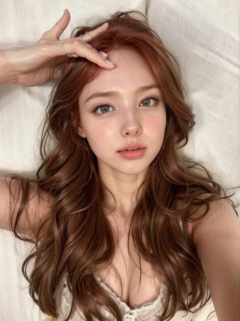 Best Quality, master part, ultra high resolution, (photorealistic:1.4), raw photo, 1 girl, laying in the bed, looking at the viewer, long red hair, pale skin, Half body, neckline 