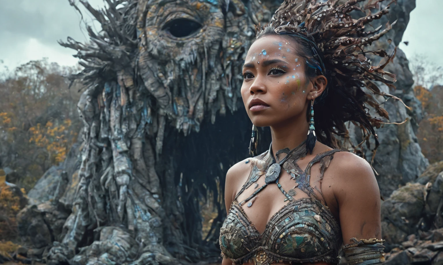 full-body-shot , who can't fly,Cinematic, Technicolor,natural skin textures, hyper realisitc, hyper detailed,Extremely detailed,High contrast, Moana,national dress, back view,full body length,evil ghost,once pretty face,intricate details,realistic humid skin,extremely intricate details,anatomically correct,insane eyes extremely detailed, high detailed eyes,High contrast,Ultra HD,Retina,HDR,photo,photorealism,Masterpiece, natural skin textures, hyper realism,hyper detailed,High contrast,(HDR:1.4),Realism,Ultra Detailed,irina yermolova, full body length,european folk,native irish,pretty face,eyebrow up,full body shot,ominous landscape,niobium gray atmosphere,by art Simon Stalenhag,Nicola Samori,(((Wangechi Mutu))),prime colors,urban,extremely detailed,masterpiece,intricate details,faded,eyes extremely detailed, high detailed eyes,4k resolution,islands levitating above ground, Nikon Z9,scary village,Stone Forest ,Mestichino,Light particles,marble leather ,ink photography