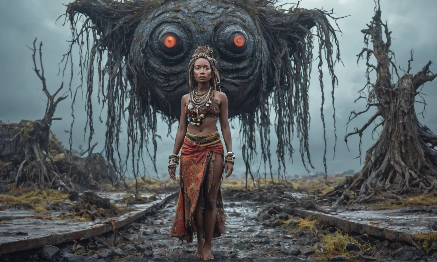 full-body-shot , who can't fly,Cinematic, Technicolor,natural skin textures, hyper realisitc, hyper detailed,Extremely detailed,High contrast, Moana,national dress, back view,full body length,evil ghost,once pretty face,intricate details,realistic humid skin,extremely intricate details,anatomically correct,insane eyes extremely detailed, high detailed eyes,High contrast,Ultra HD,Retina,HDR,photo,photorealism,Masterpiece, natural skin textures, hyper realism,hyper detailed,High contrast,(HDR:1.4),Realism,Ultra Detailed,irina yermolova, full body length,european folk,native irish,pretty face,eyebrow up,full body shot,ominous landscape,niobium gray atmosphere,by art Simon Stalenhag,Nicola Samori,(((Wangechi Mutu))),prime colors,urban,extremely detailed,masterpiece,intricate details,faded,eyes extremely detailed, high detailed eyes,4k resolution,islands levitating above ground, Nikon Z9,scary village,Stone Forest ,Mestichino,Light particles,marble leather ,ink photography