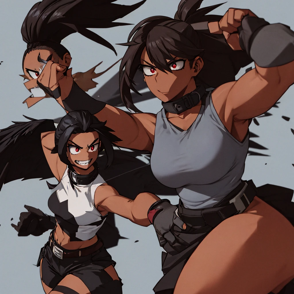 Dark-skinned woman with red eyes, fairly long black hair with a ponytail, strong body and somewhat large thighs and chest, wearing a black and gray hero costume Sleeveless, up to the neck with black stockings with Black with gray, brown gloves and a belt, along with two dark red wings on its back