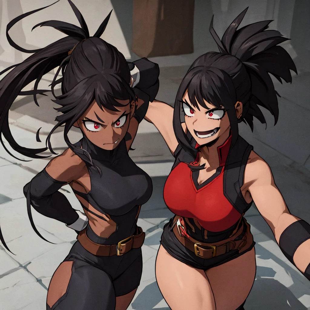 Dark-skinned woman with red eyes, fairly long black hair with a ponytail, strong body and somewhat large thighs and chest, wearing a black and gray hero costume Sleeveless, up to the neck with black stockings with Black with gray, brown gloves and a belt, along with two dark red wings on its back