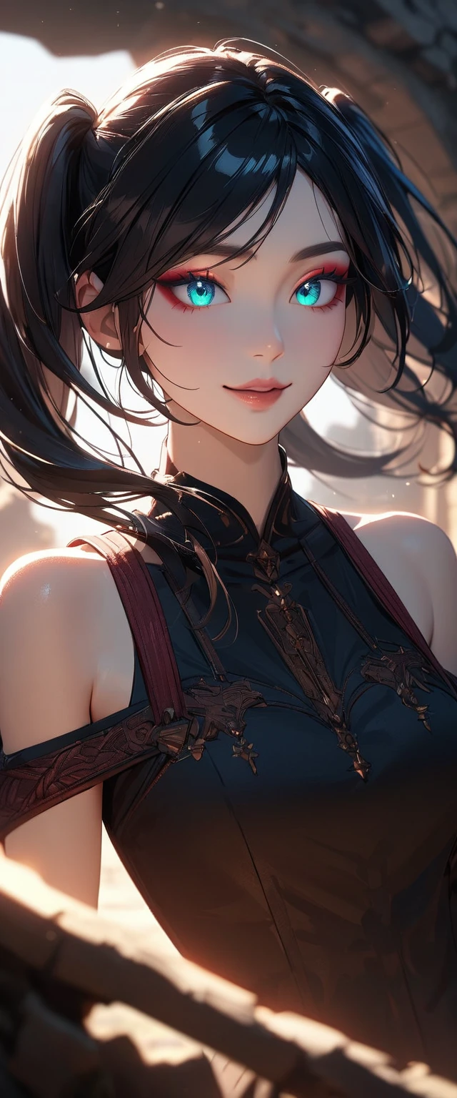 Photo of a woman with natural skin, ancient ruins, Upper Body, Smiling, High Twintails, Black hair with red mesh, Sharp eyes with red eyeshadow, Blue-green eyes, Shining eyes, A thin, upturned nose, Well-shaped lips, ((Black off-the-shoulder dress, Thin shoulder straps)), barefoot, Makeup, Exquisitely crafted with the utmost attention to detail, Vibrant, amazing, Smooth, Cinematic, 4K, Backlight, (()), Shallow depth of field, ((Detailed eyes:1.3, Detailed lips:1.3, high quality, )), masterpiece, Super detailed images, High quality