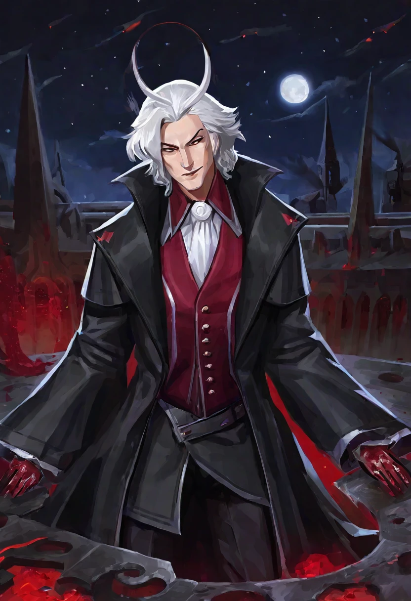 Horror, blood, intimidation, far away in the middle of a square, in the middle of which will be a tall man, white hair, silver eyes, sharp looks, a sarcastic smile, formal black aristocratic clothes, a long white coat, decorated, a sharp sword, silver and grey, shining under the moonlight,  Background of a war zone, blood flowing, black corpses, a light blue moon, pixels flying in the air,