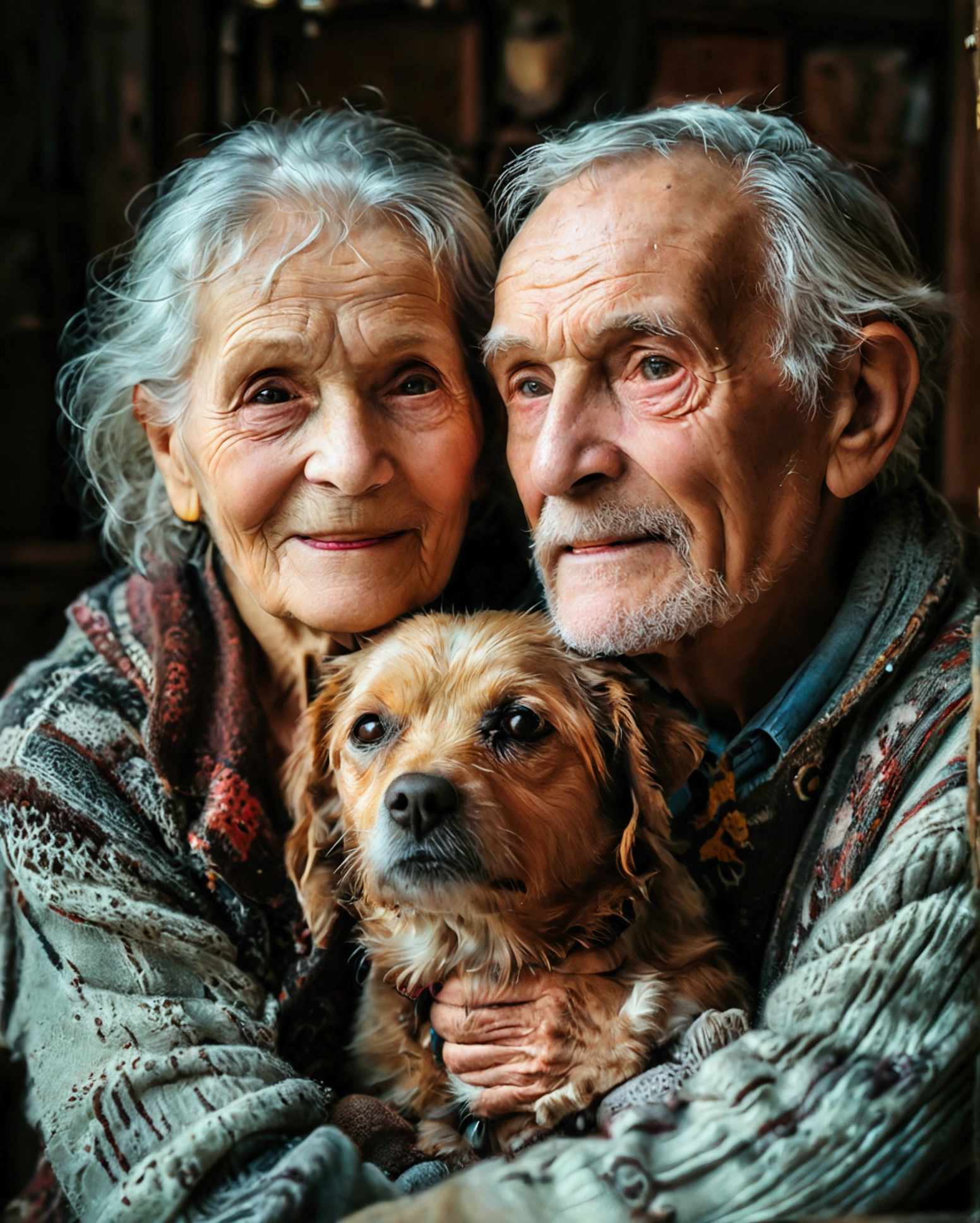 Grandparents couple, elderly couple, happy, old and old dog, (Foto RAW, real, best qualityer, Masterpiece artwork: 1.2), (Hiper realisitic, realisitic: 1.2), high qualiy, (dark ilumination: 1.2), perfect lighting, Lightroom, 35mm films, cinemactic, dimmed colors, dark shot, Muted colours, grainy film, lute, insane details, Intricate details, ambient light, sunshine light
