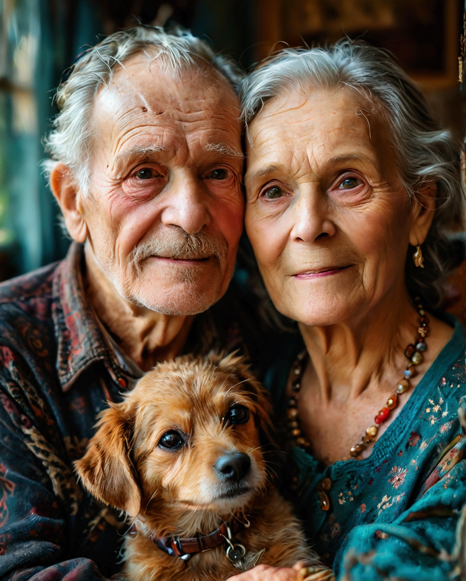 Grandparents couple, elderly couple, happy, old and old dog, (Foto RAW, real, best qualityer, Masterpiece artwork: 1.2), (Hiper realisitic, realisitic: 1.2), high qualiy, (dark ilumination: 1.2), perfect lighting, Lightroom, 35mm films, cinemactic, dimmed colors, dark shot, Muted colours, grainy film, lute, insane details, Intricate details, ambient light, sunshine light