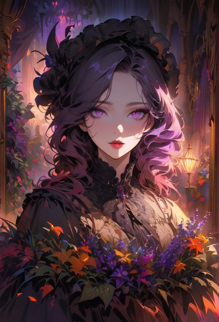 anime,beautiful detailed eyes,beautiful detailed lips,extremely detailed eyes and face,longeyelashes,colorful,vivid colors,portrait,landscape,horror,studio lighting,sharp focus,physically-based rendering,extreme detail description,professional,bokeh,HDR,UHD,ultra-fine painting,concept artists,gothic,Victorian-style bedroom,beautiful witch,dark atmosphere,vibrant colors,soft lighting,enchanted plants,flowing lavender,anime-style characters,mysterious shadows,exquisite details,vintage furniture,luxurious textures,eye-catching composition,romantic mood