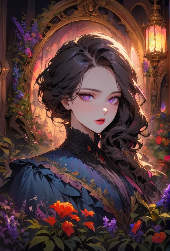 anime,beautiful detailed eyes,beautiful detailed lips,extremely detailed eyes and face,longeyelashes,colorful,vivid colors,portrait,landscape,horror,studio lighting,sharp focus,physically-based rendering,extreme detail description,professional,bokeh,HDR,UHD,ultra-fine painting,concept artists,gothic,Victorian-style bedroom,beautiful witch,dark atmosphere,vibrant colors,soft lighting,enchanted plants,flowing lavender,anime-style characters,mysterious shadows,exquisite details,vintage furniture,luxurious textures,eye-catching composition,romantic mood