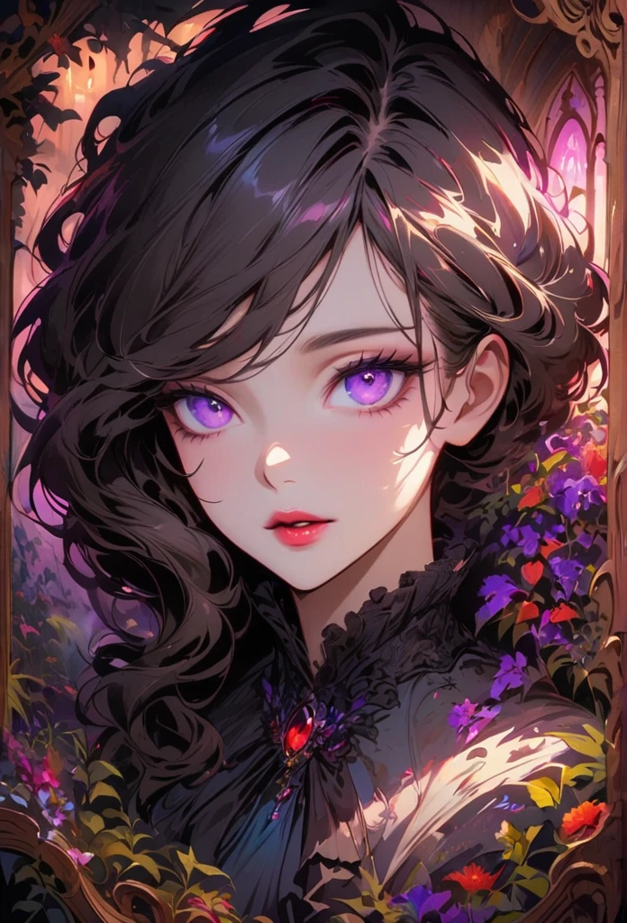 anime,beautiful detailed eyes,beautiful detailed lips,extremely detailed eyes and face,longeyelashes,colorful,vivid colors,portrait,landscape,horror,studio lighting,sharp focus,physically-based rendering,extreme detail description,professional,bokeh,HDR,UHD,ultra-fine painting,concept artists,gothic,Victorian-style bedroom,beautiful witch,dark atmosphere,vibrant colors,soft lighting,enchanted plants,flowing lavender,anime-style characters,mysterious shadows,exquisite details,vintage furniture,luxurious textures,eye-catching composition,romantic mood