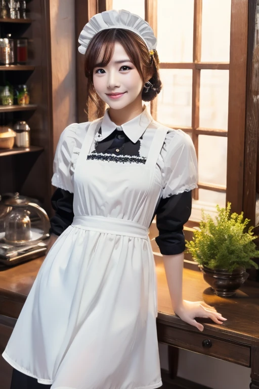 Highest quality, (beautiful)、Extremely delicate eye design、Brown maid outfit、Soft 、Cafe