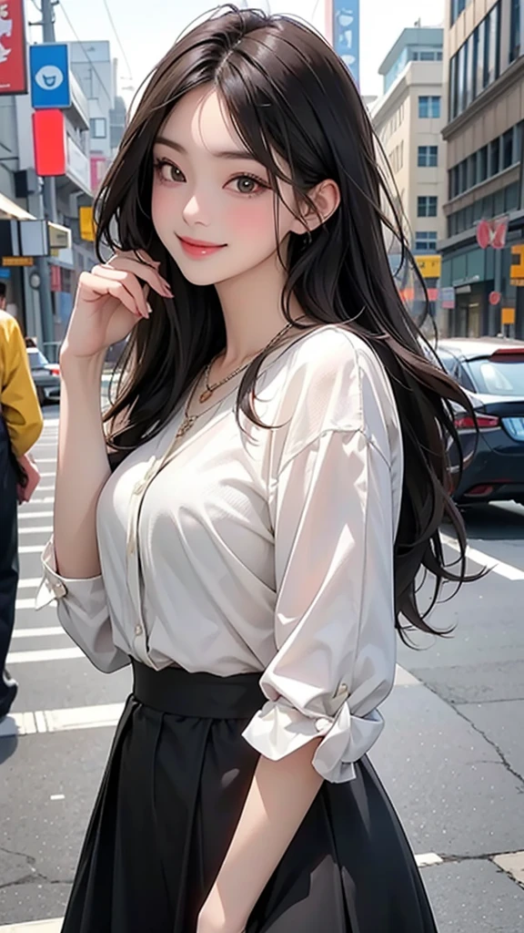 Woman in her 20s、Slim figure。(Upper Body) , Friendly atmosphere,joy,Happy feeling,Her hair is brownish black in color.、Long hair with bangs。With big double eyes、((smile)),The outfit is feminine and suitable for a date.、Wearing a blouse and skirt。She wears a dainty necklace as an accessory.。The pose is of someone walking down the street。The background is the city during the day、The weather is fine。(masterpiece、Highest quality)、Best details ,