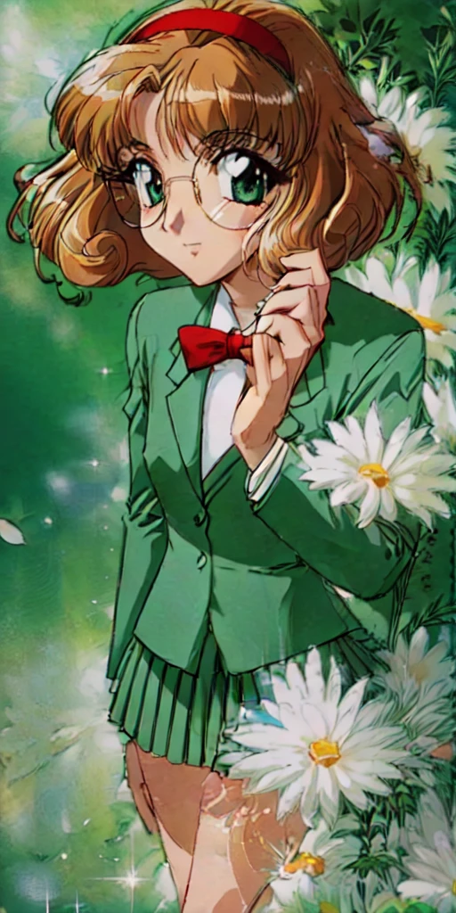 fuu hououji, 4k portrait, 1girl,short hair,light brown hair,Glasses,((red hairband)),green blazer,mini skirt,green high heelssmile,masterpiece,Noise Reduction,perfect anatomy,high resolution, ultra-detailed,game cg,dutch angle ,beautiful detailed eyes,visualart,five fingers, perfect hands, perfect lighting, full body, standing, (living room:1.4)