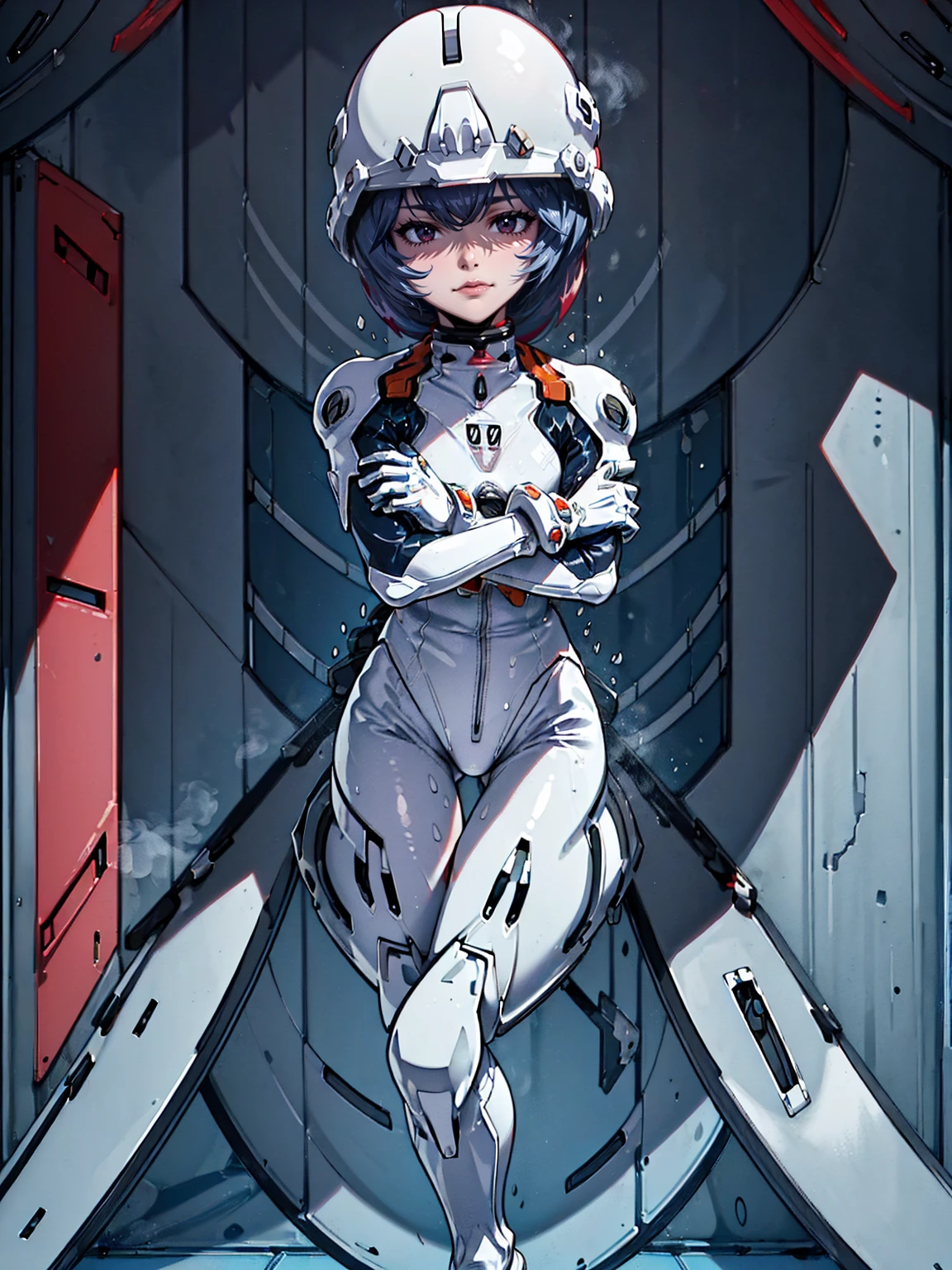 ((Highest quality, 8k wallpaper)),(masterpiece, Highest quality),Very detailed,High resolution,(Official Art:1.3),(((Anime screenshots,Black outline))),One girl,alone, Break mer1,(Rei Ayanami {Neon Genesis Evangelion,}1.2),masterpiece, best quality, outdoor, 1girl, Solo,red eyes,short hair,blue hair, (White plug suit:1.4), skin tight,(backlight, shaded face, cross-eyed, rolling eyes, empty eyes, jitome, raised eyebrows, one eye closed:1.3),(((Covered in sweat, Mass sweat, Sweating profusely,steam:1.7))), (((fighting stance, knees together feet apart, leaning forward, holding own arms, bent legs:1.4))),(((独奏, cowboy shot:1.6))),(((scuba helmet, glass helmet,full-face helmet:1.7))),
