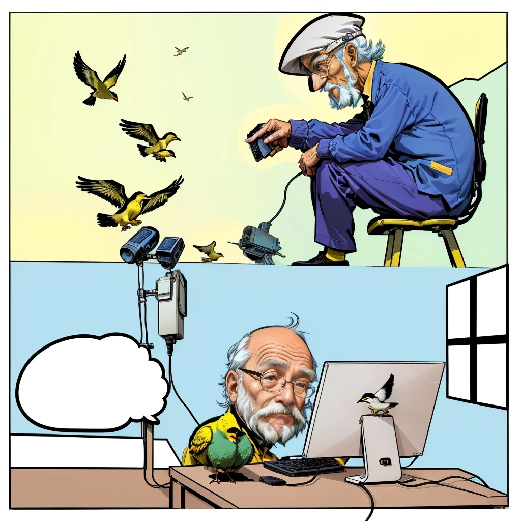 cartoon of a man sitting at a desk with a computer and birds flying around him, an old man with 7 yellow birds, technological anguish, old man doing hard work, humorous illustration, holding electricity and birds, moebius comic style, technology vs nature, comic illustration, drawn with photoshop, old internet art, inspired by Zygmunt Vogel