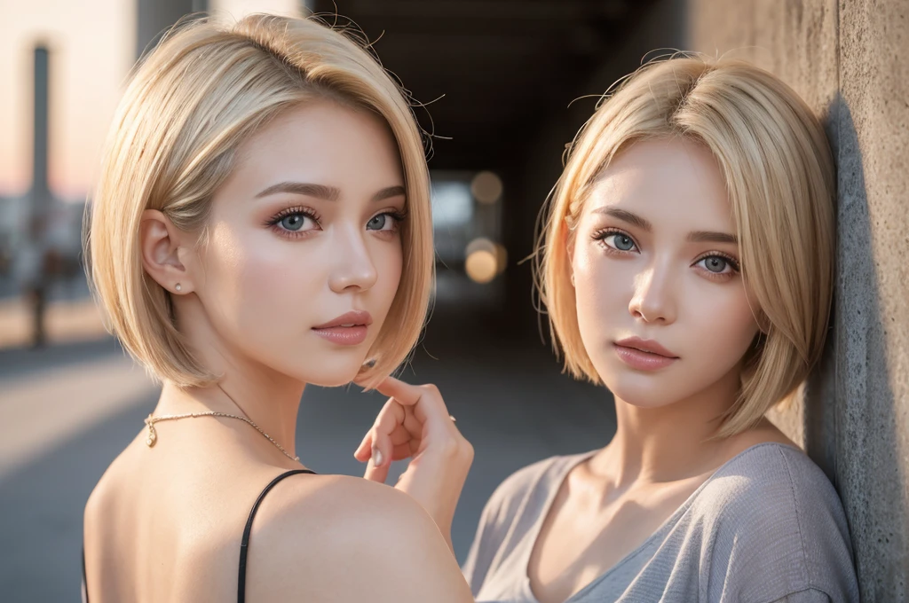 Close-up portrait, Sexy SS Blonde, parted lips, lips, Casual Dresses, View your viewers, Concrete wall background, Sunset Light, Realistic,short hair