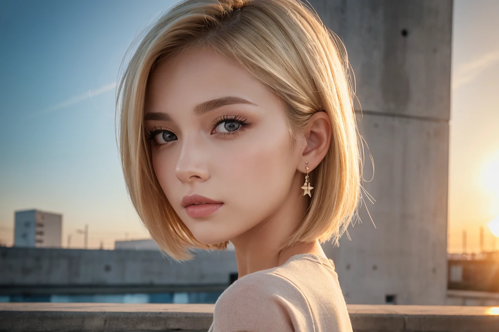 Close-up portrait, Sexy SS Blonde, parted lips, lips, Casual Dresses, View your viewers, Concrete wall background, Sunset Light, Realistic,short hair