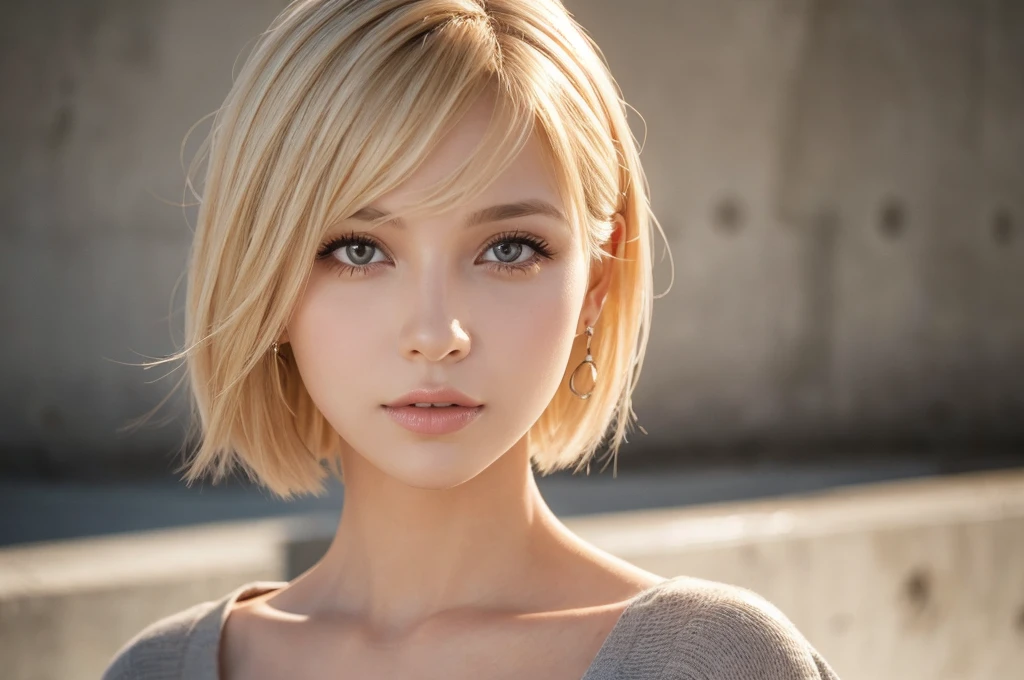 Close-up portrait, Sexy SS Blonde, parted lips, lips, Casual Dresses, View your viewers, Concrete wall background, Sunset Light, Realistic,short hair