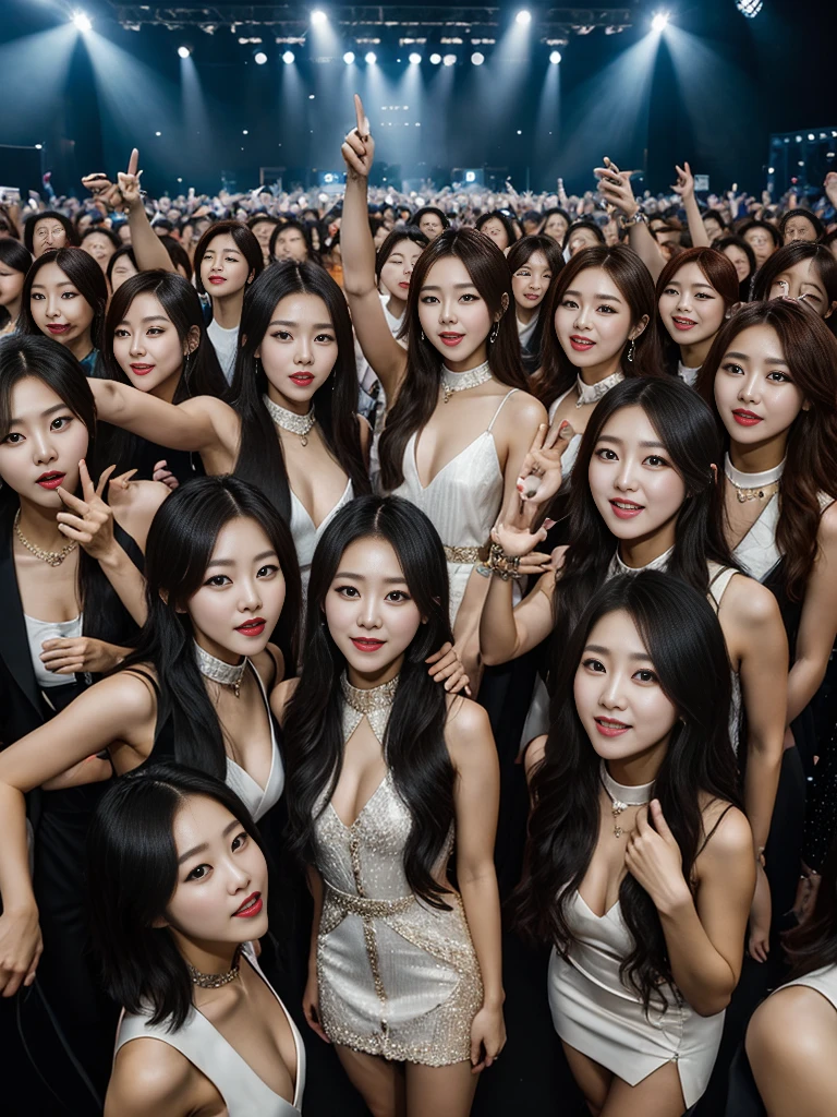 masterpiece, Main Stage, Korean Girl Band, Mini Dress, crowd, Cinematic, Five Girls, line up, group_photograph, Multiple Girls, 