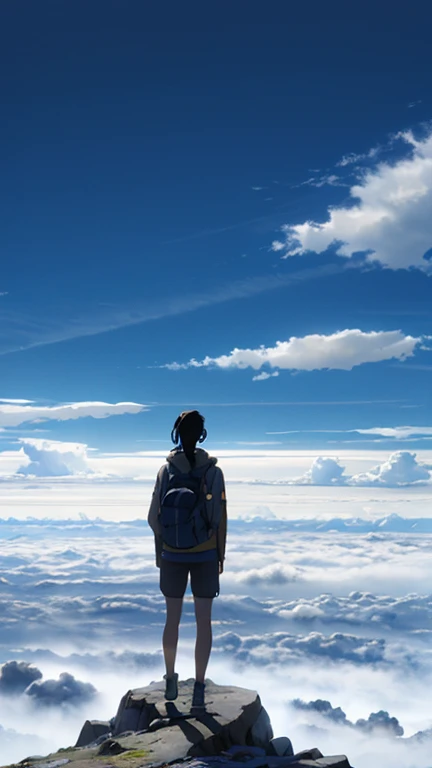 A girl standing on a mountain going above clouds, wearing a , with a blue sky and clouds background. The girl is facing away from the viewer. The image should be very detailed, with a resolution of 8k and high resolution.