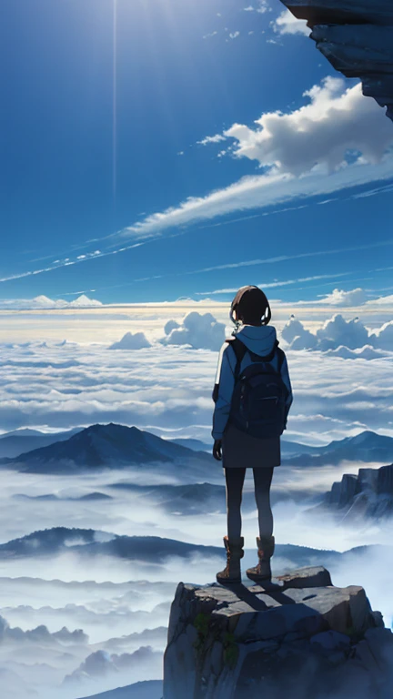 A girl standing on a mountain going above clouds, wearing a , with a blue sky and clouds background. The girl is facing away from the viewer. The image should be very detailed, with a resolution of 8k and high resolution.