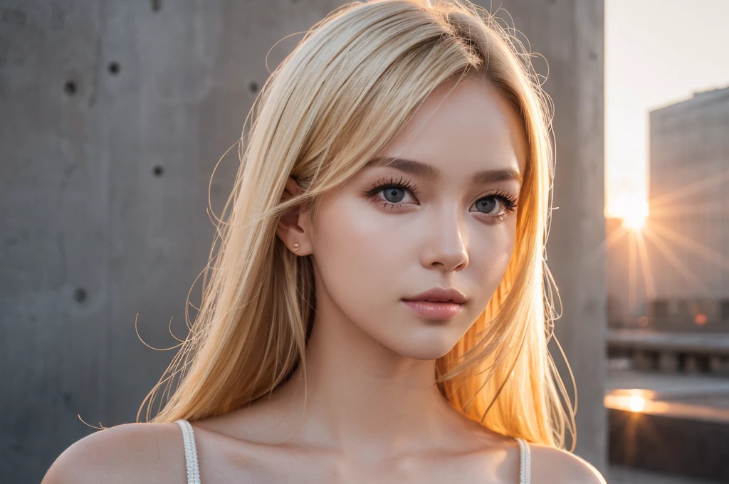 Close-up portrait, Sexy SS Blonde, parted lips, lips, Casual Dresses, View your viewers, Concrete wall background, Sunset Light, Realistic