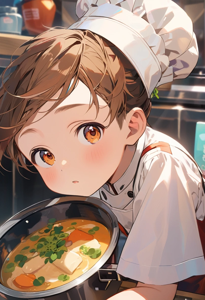 Portrait of a 3-year-old boy in a white chef's uniform, Chef's hat, Half Body, Looking at the audience, smile, Chibi Style, Kitchen view, Blurred Background, Depth of written boundary, detailed, comics, A painting by designer Alex Ross, Unreal Engine, 8K