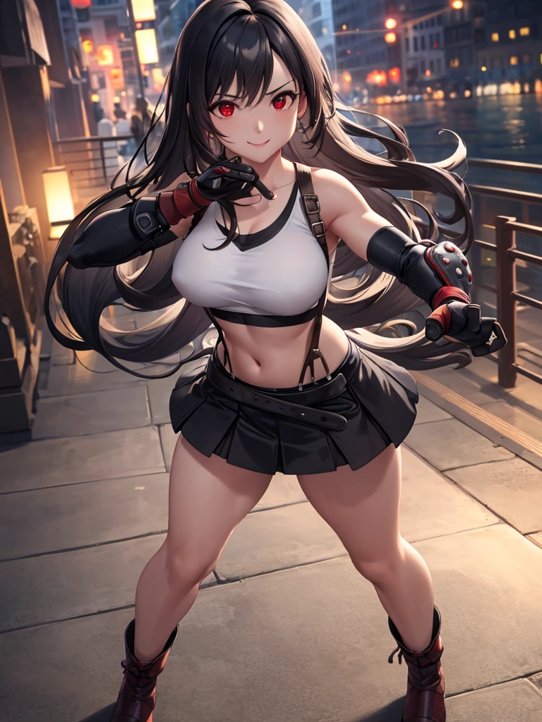 Best Quality, ultra-detailed, high resolution, extremely detailed CG, unity wallpaper 8k, super detailed skin, detailed, dynamic lighting, beautiful detailed eyes, defTifa, White crop top, elbow pad, Gloves without fingers, suspenders, very short pleated mini skirt, Red boots, Bar, showing panties, dynamic pose, Red eyes, Serious, SMILE, fighting stance, combat,