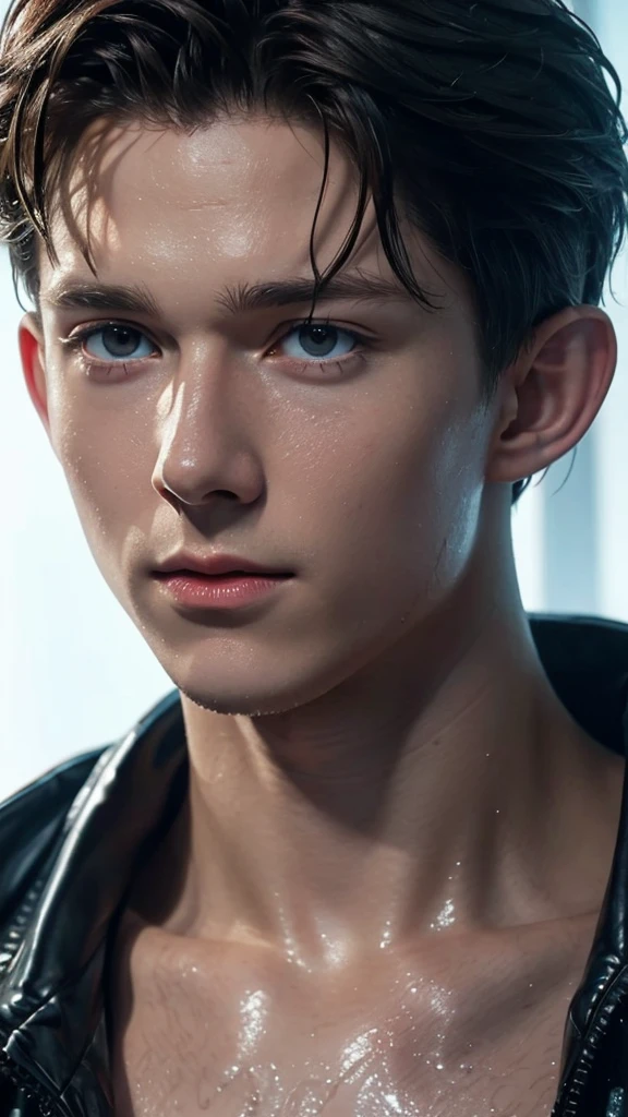 Tom holland, wet look, sensual pose, detail potrait, hyper relaistic, cgi style, cinematic color