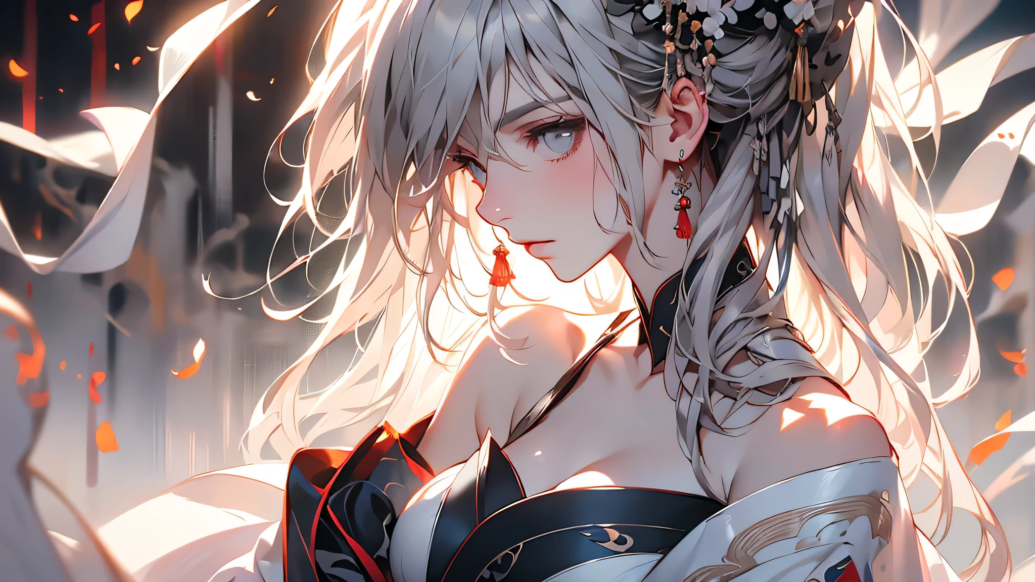 super high quality, masterpiece, Perfect illustration, Very detailed (Exquisite light and shadow, Very dramatic photo,Backlight) , ((Gray Hair:1.5))1 Girl,(( alone:1.6)), (Wearing Han clothes, Black and white Hanfu,Monotony,Long sleeve)  (White smoke:1.3) (Realistic:1.4), Official Art, unity 8k wallpaper, Very detailed, Beautiful and beautiful, masterpiece, Highest quality, (Dynamic Angle: 1.4), Glowing Skin, (Floating colorful flashes: 1) The most beautiful chaotic shapes, elegant, Brutalist Design, Bright colors, Romantic Depth of Field Exotic_dance, half_naked、Expose your shoulders、Ample breasts、Great cleavage、Lean forward
